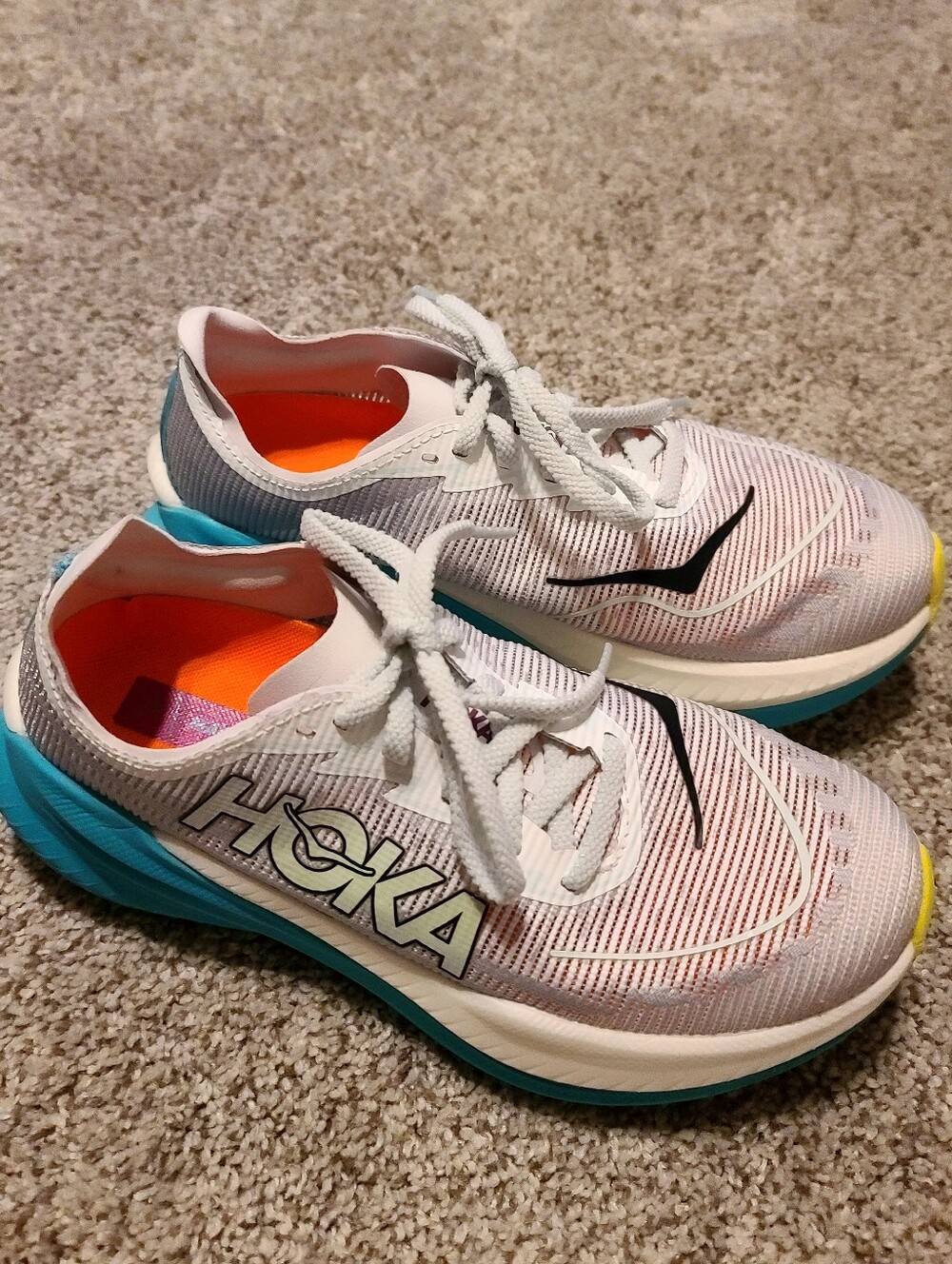 Women's 7B, Hoka Mach X2 White Teal Athletic Running Shoes with Orange